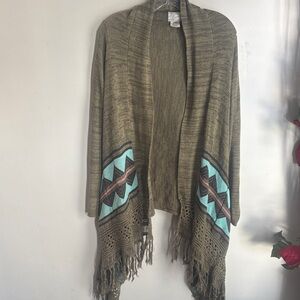 Billabong | Olive and Teal Fringed Cardigan w/ Pockets Sz S